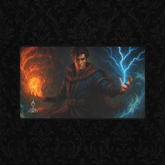 The Mage Fantasy Desk Mat — Large Gaming Mousepad with Fire & Lightning Art Male