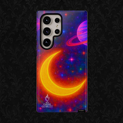 Galaxy Moon Tough Phone Case — Neon Crescent Planet Space Design