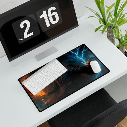 The Mage Fantasy Desk Mat — Large Gaming Mousepad with Fire & Lightning Art Male
