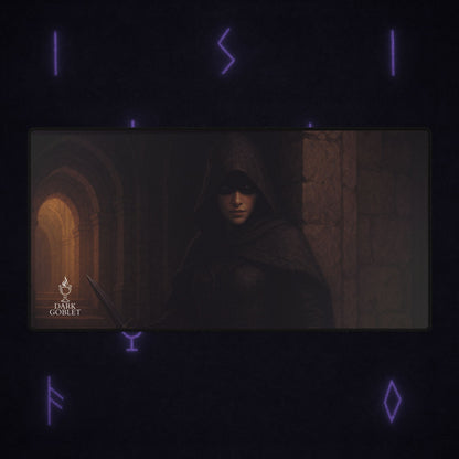 Dark Hooded Rogue Desk Mat – Gothic Fantasy Gaming Mouse Pad Female