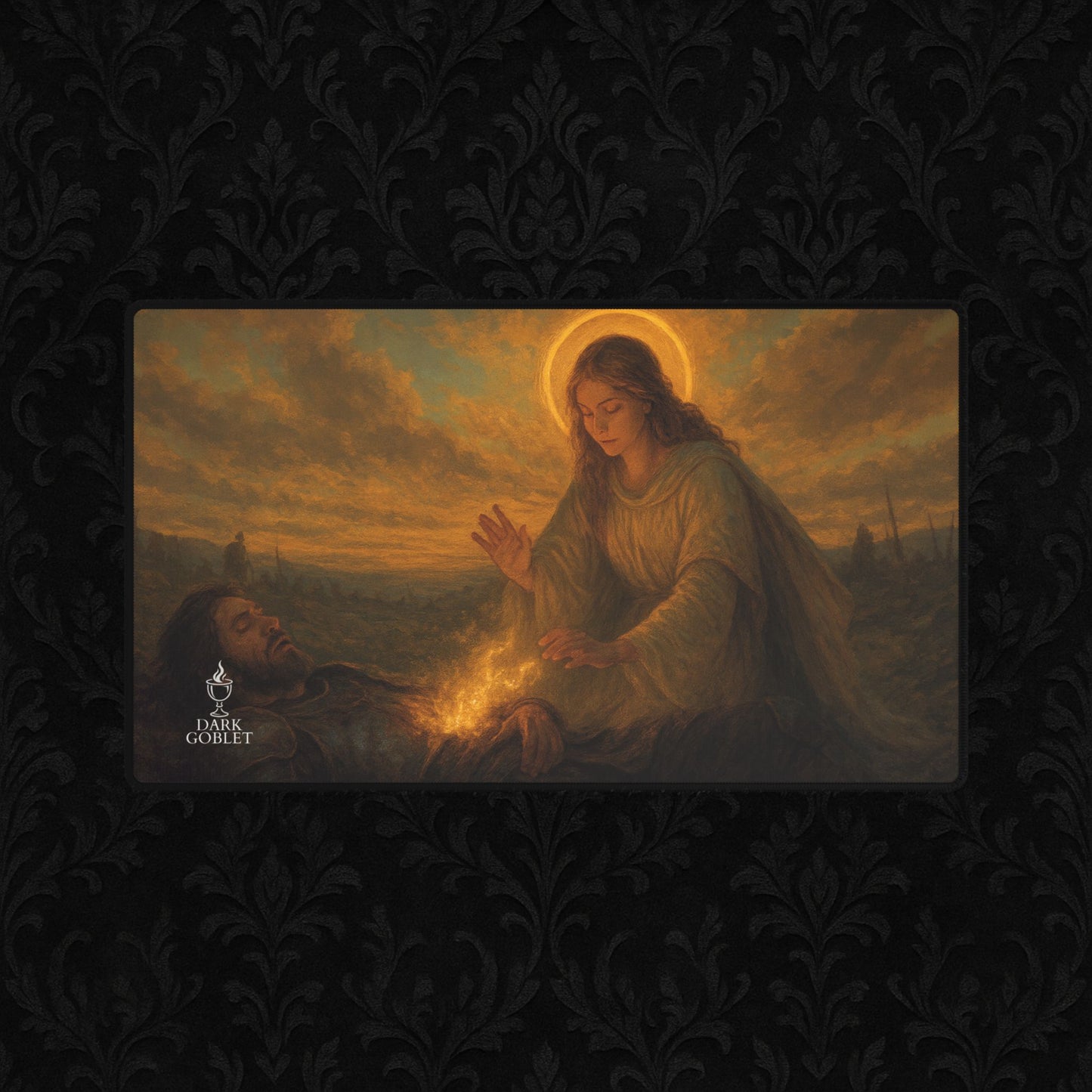 The Healer Fantasy Desk Mat — Large Gaming Mousepad with Holy Magic & Battlefield Healing Art Female