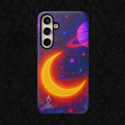 Galaxy Moon Tough Phone Case — Neon Crescent Planet Space Design