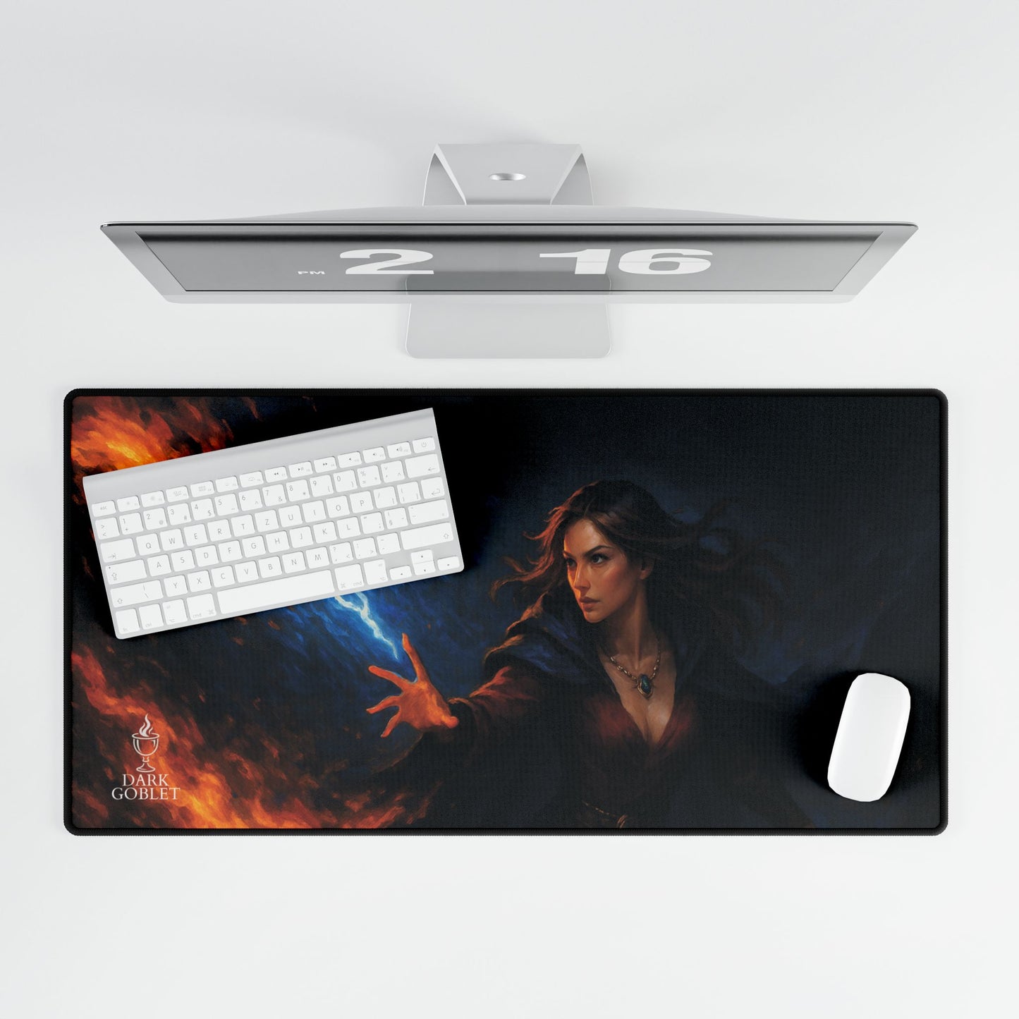 The Mage Fantasy Desk Mat — Large Gaming Mousepad with Fire & Lightning Art Female