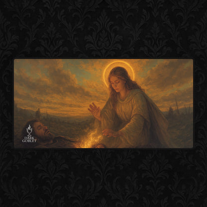 The Healer Fantasy Desk Mat — Large Gaming Mousepad with Holy Magic & Battlefield Healing Art Female