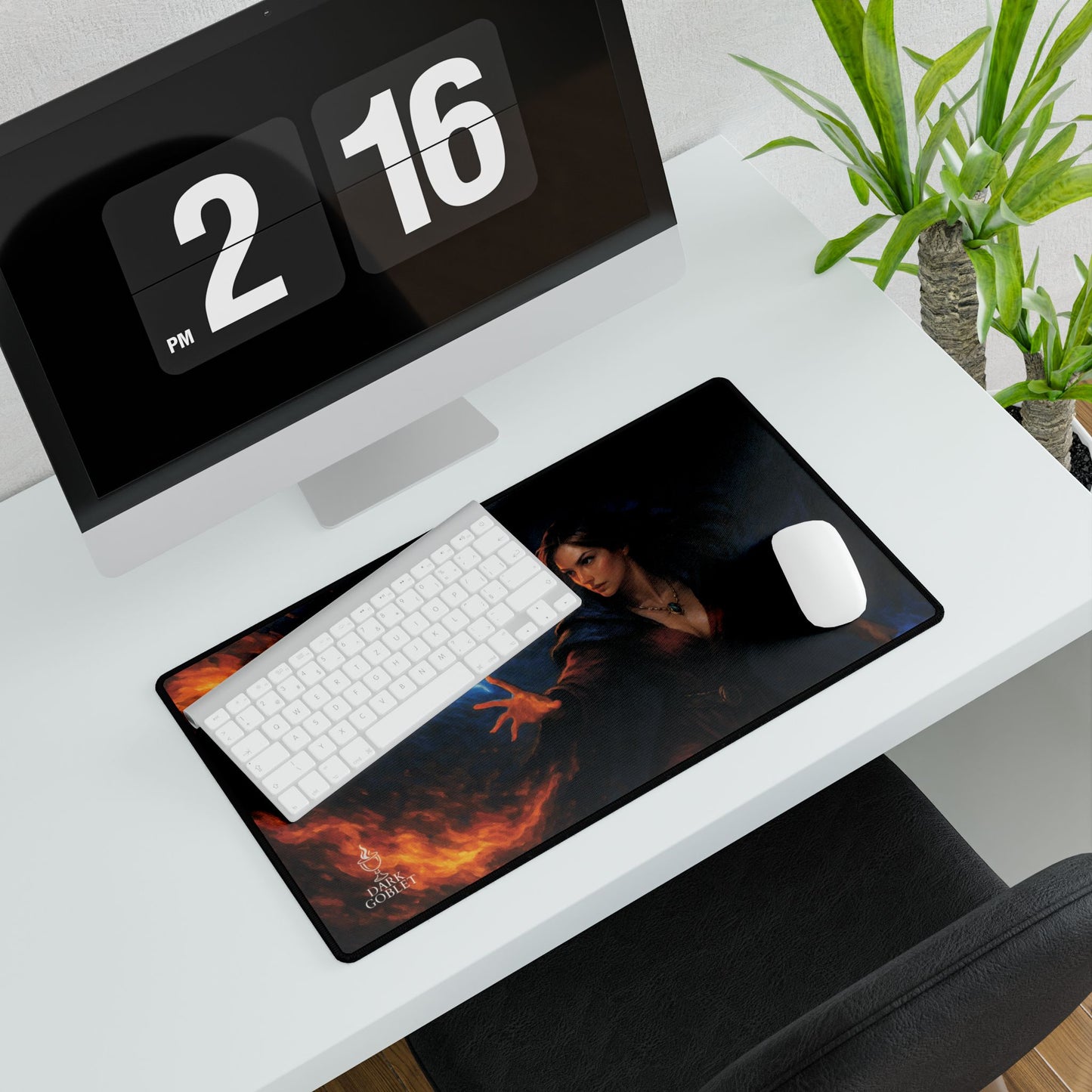 The Mage Fantasy Desk Mat — Large Gaming Mousepad with Fire & Lightning Art Female