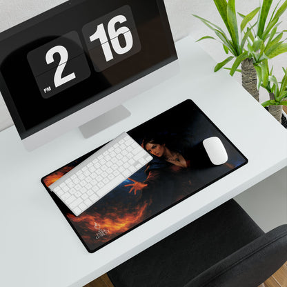 The Mage Fantasy Desk Mat — Large Gaming Mousepad with Fire & Lightning Art Female