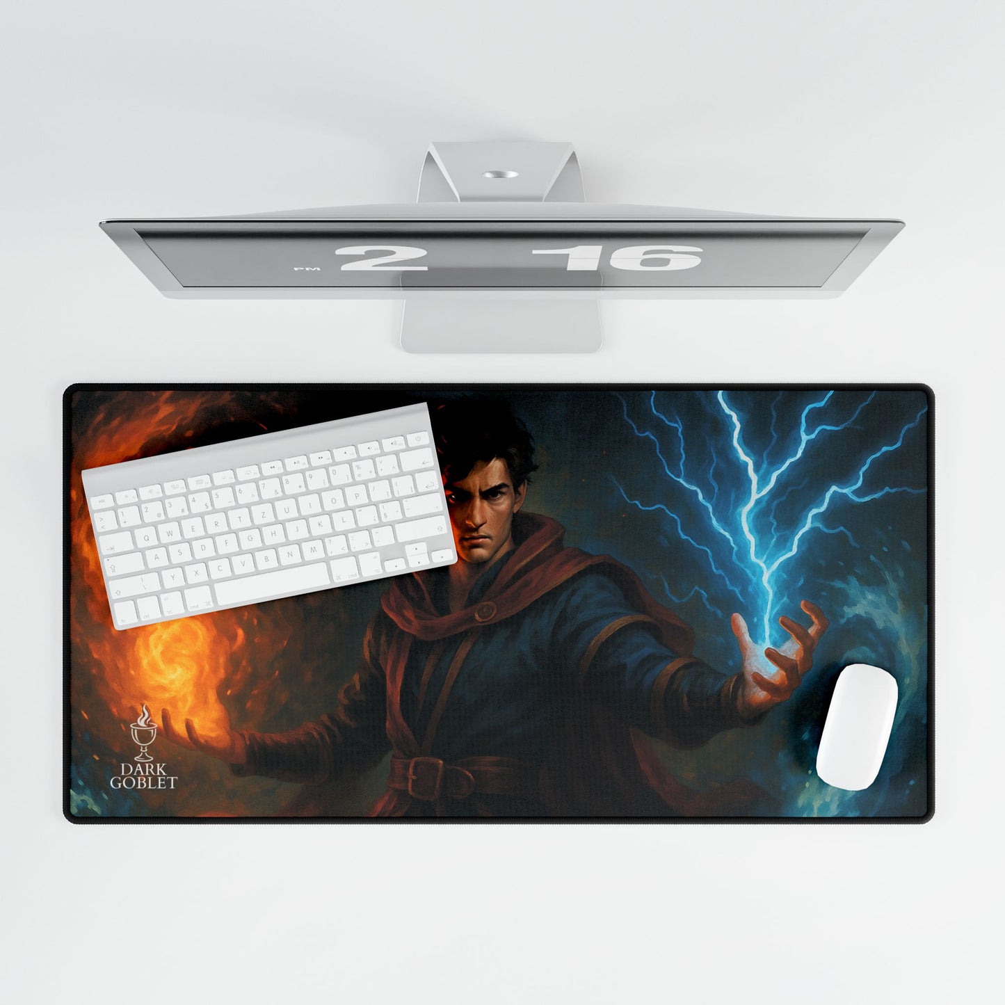 The Mage Fantasy Desk Mat — Large Gaming Mousepad with Fire & Lightning Art Male