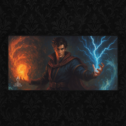 The Mage Fantasy Desk Mat — Large Gaming Mousepad with Fire & Lightning Art Male