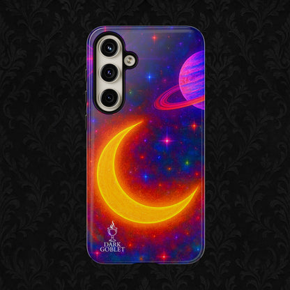 Galaxy Moon Tough Phone Case — Neon Crescent Planet Space Design