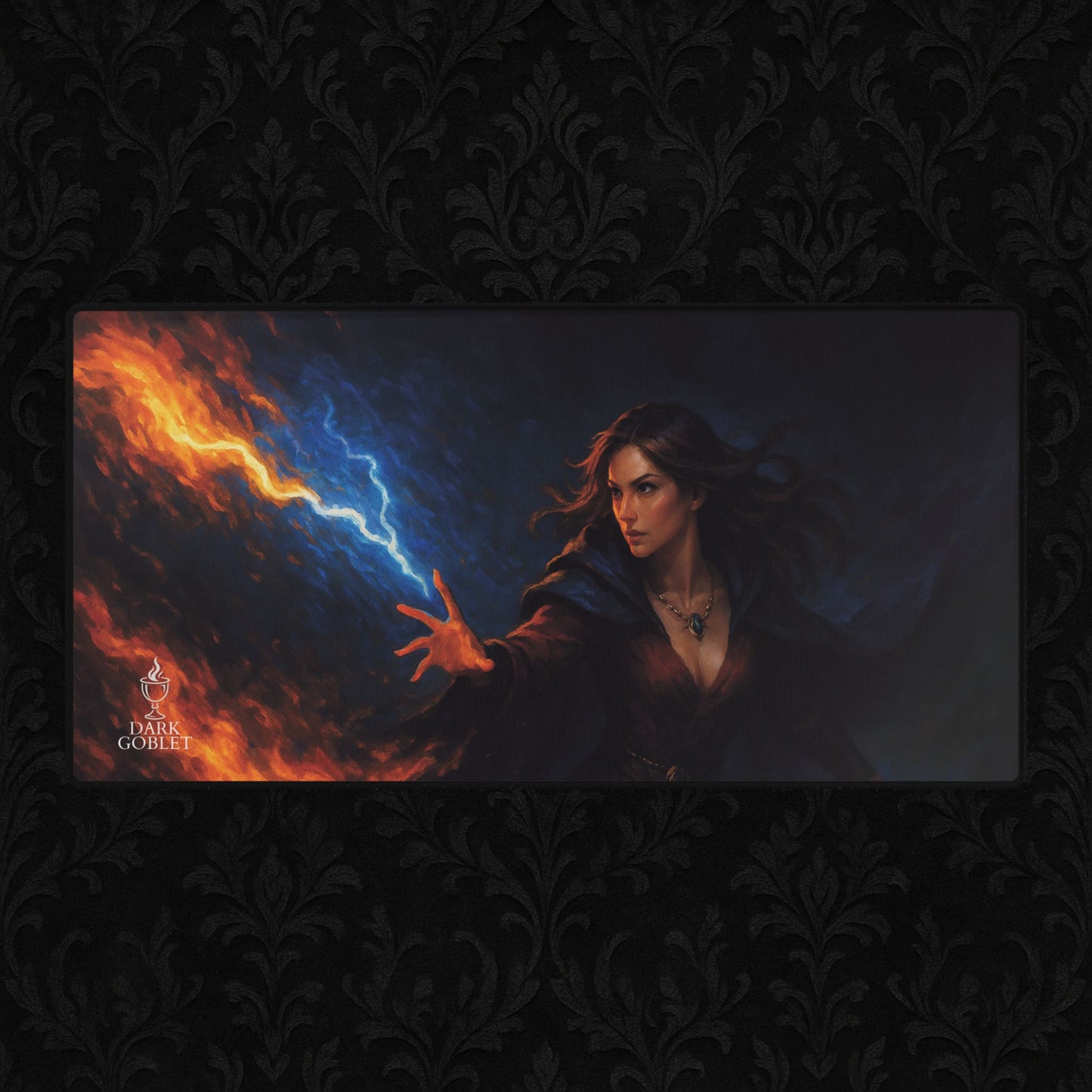 The Mage Fantasy Desk Mat — Large Gaming Mousepad with Fire & Lightning Art Female