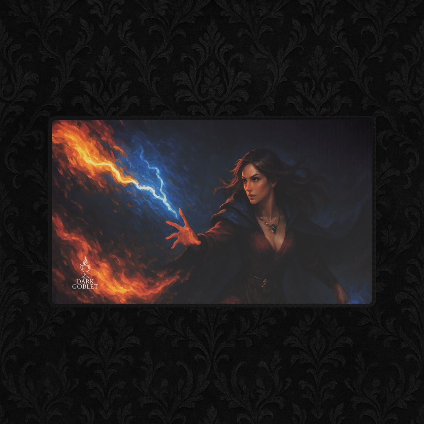 The Mage Fantasy Desk Mat — Large Gaming Mousepad with Fire & Lightning Art Female