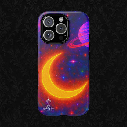 Galaxy Moon Tough Phone Case — Neon Crescent Planet Space Design