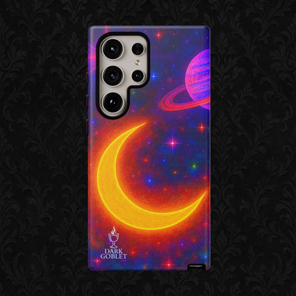 Galaxy Moon Tough Phone Case — Neon Crescent Planet Space Design
