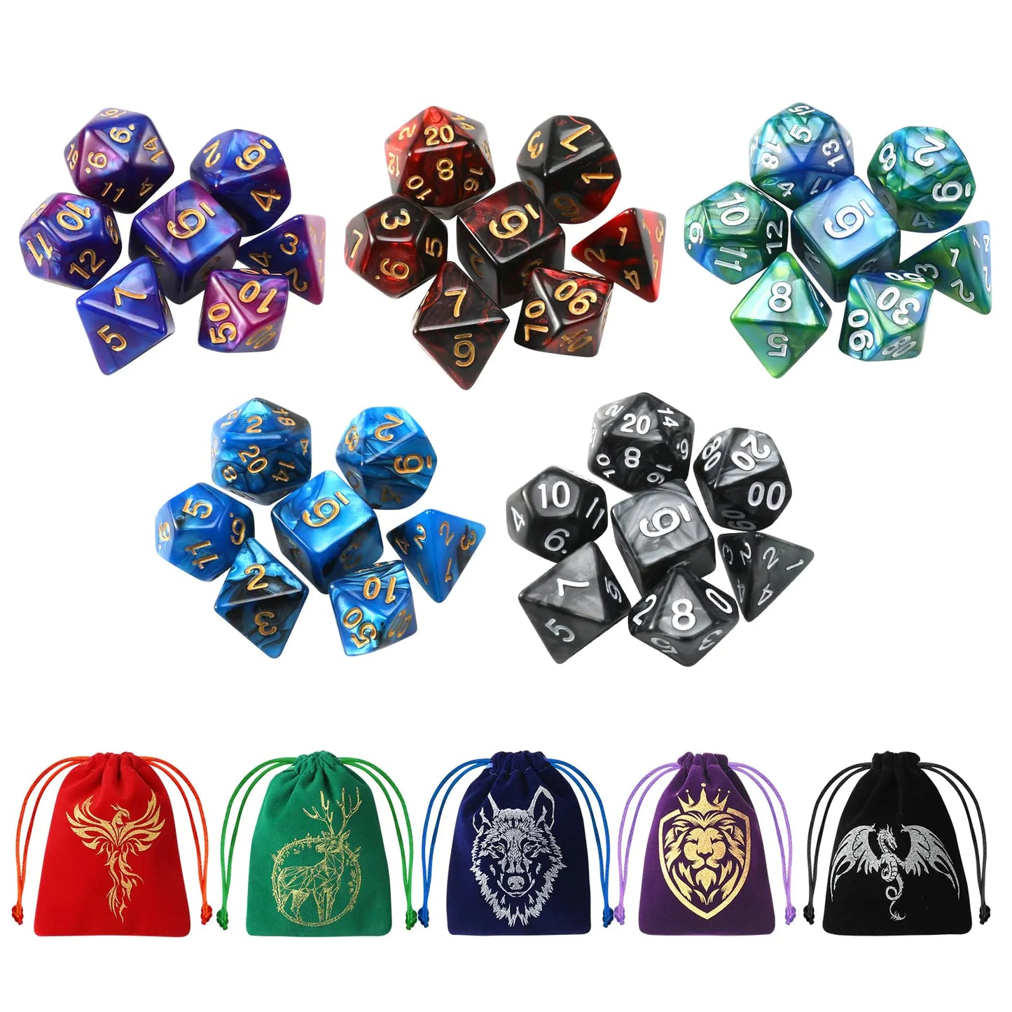 Vibrant 35Pc DND Dice & Animal Pouches Set